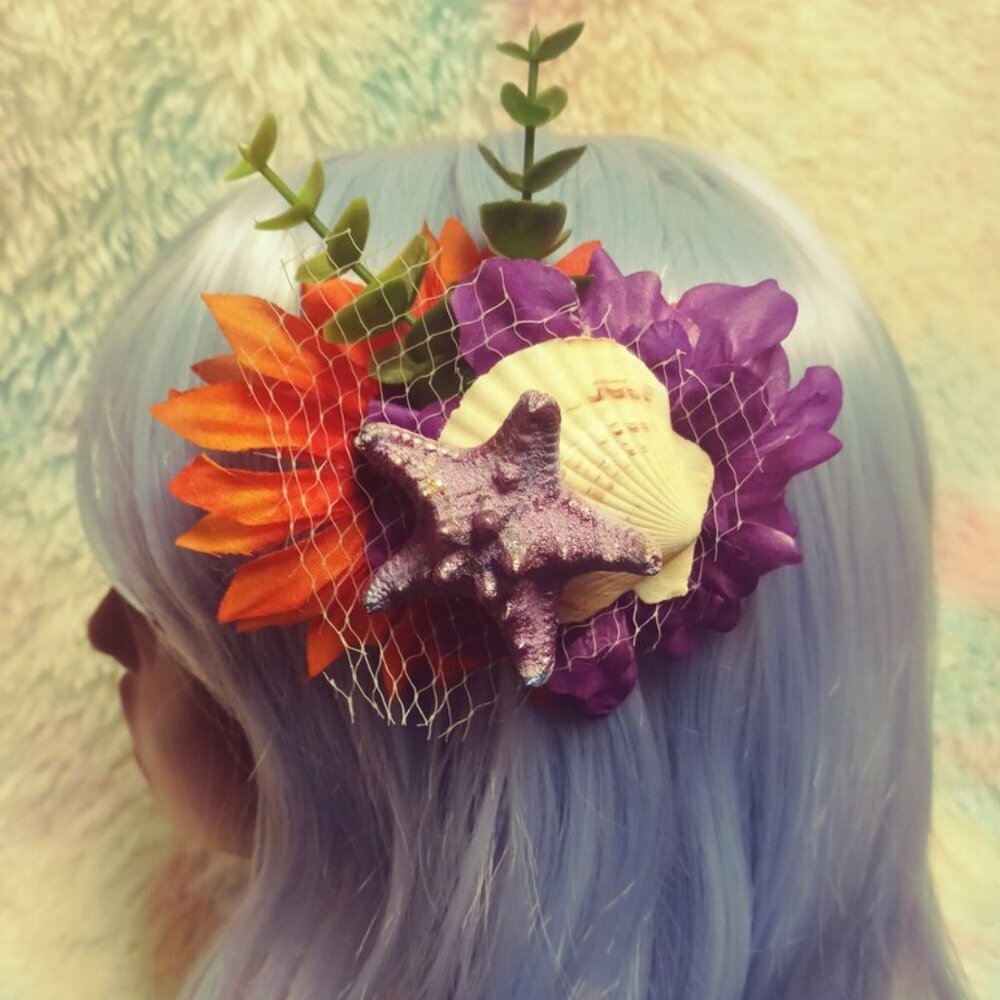 Mermaid Hair Flower, Siren, Sea Nymph, Fairy, Purple And Green Theme, Starfish